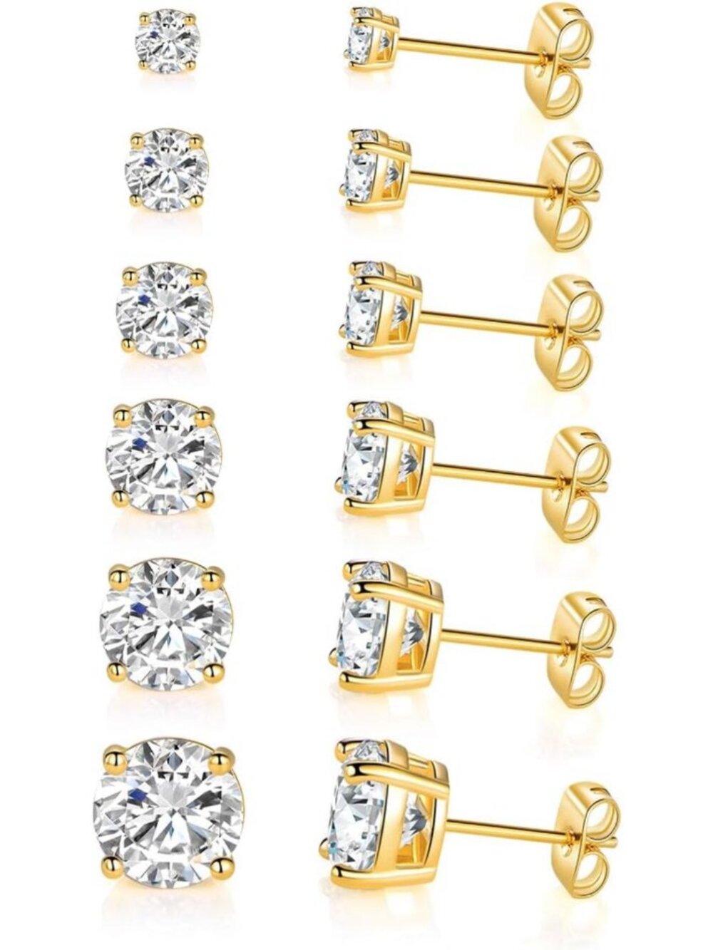 18K Gold Plated Round Cut CZ Stud Earrings Set - 5/6 Pairs with Screw Back